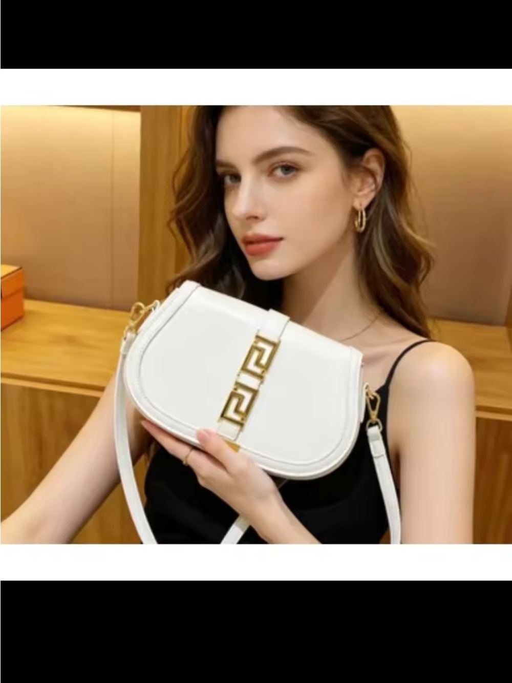 White Crossbody Saddle Bag with Gold Accent